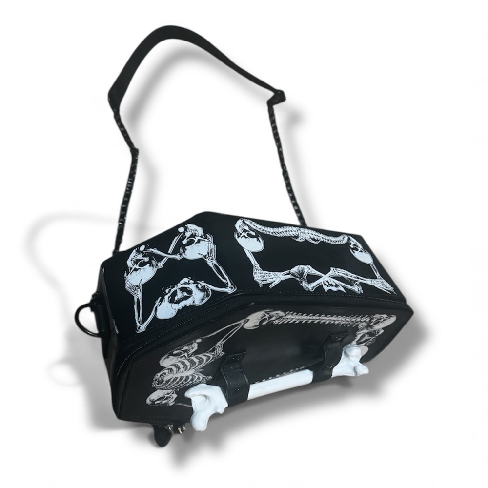 Black Coffin-Shaped Bag with Skeleton Design and Bone Handle